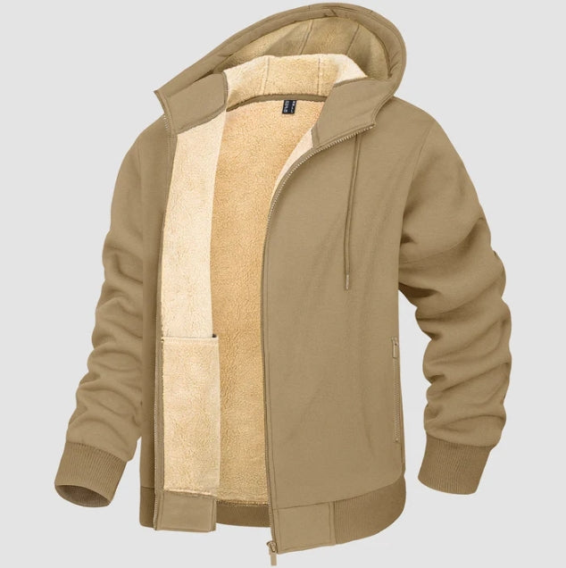 Comoda felpa da uomo con cappuccio e zip, foderata in pile. Ideale per stratificazione e calore in inverno.