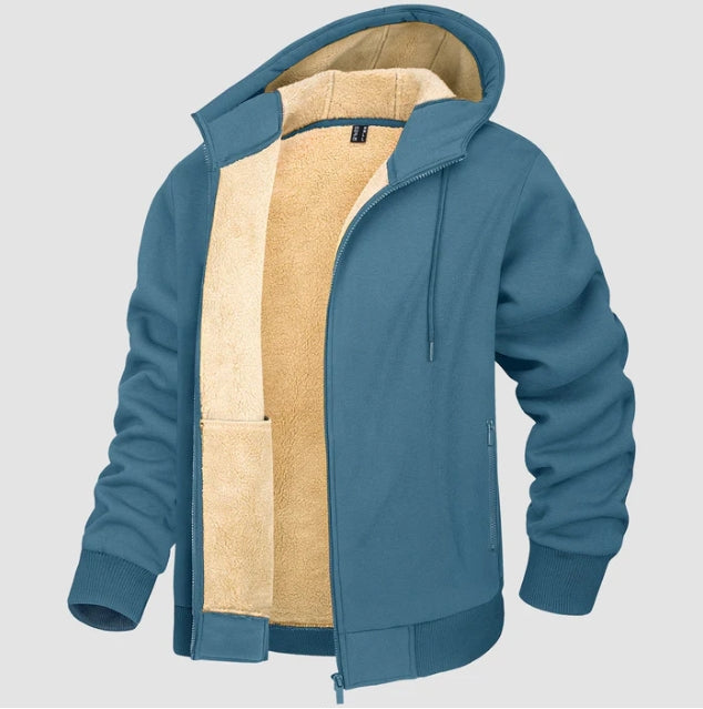 Giacca felpa uomo con cappuccio, foderata in pile. Perfetta per autunno/inverno, look casual e confortevole.