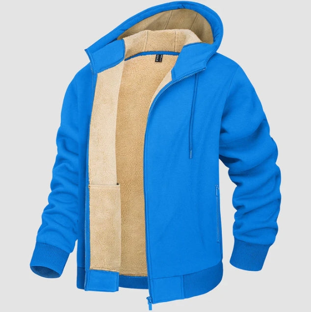 Felpa uomo con cappuccio foderata in sherpa, moda maschile casual. Giacca calda per l'inverno, vestibilità regolare.