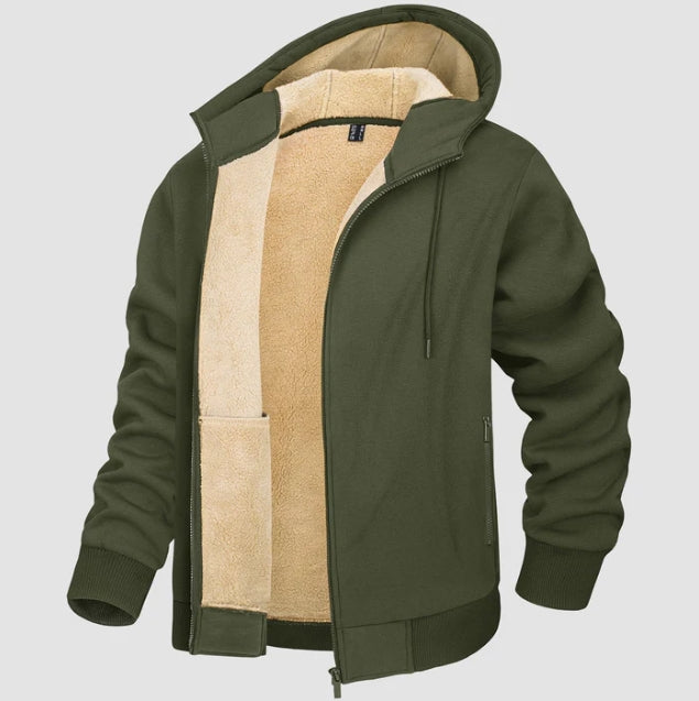 Felpa uomo calda con cappuccio, foderata in pile. Giacca casual per inverno, comoda e vestibilità regolare.