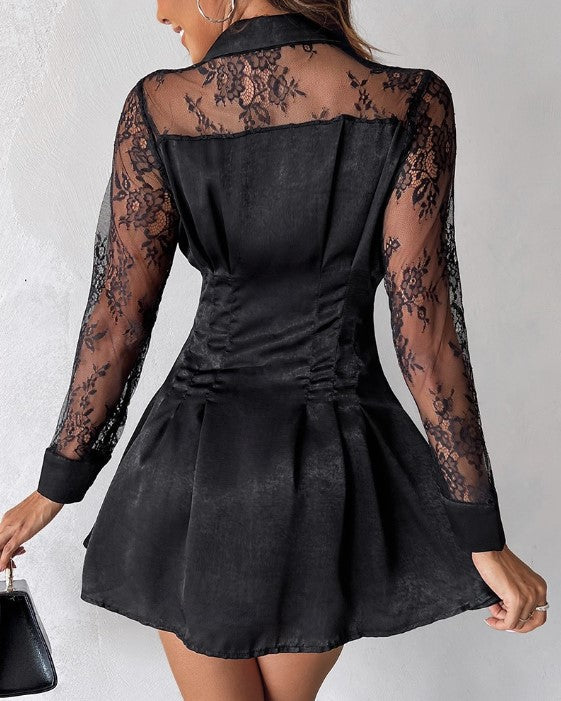 Mini abito donna nero, maniche lunghe, stile sofisticato. Perfetto per un look elegante e alla moda, vestito da sera.