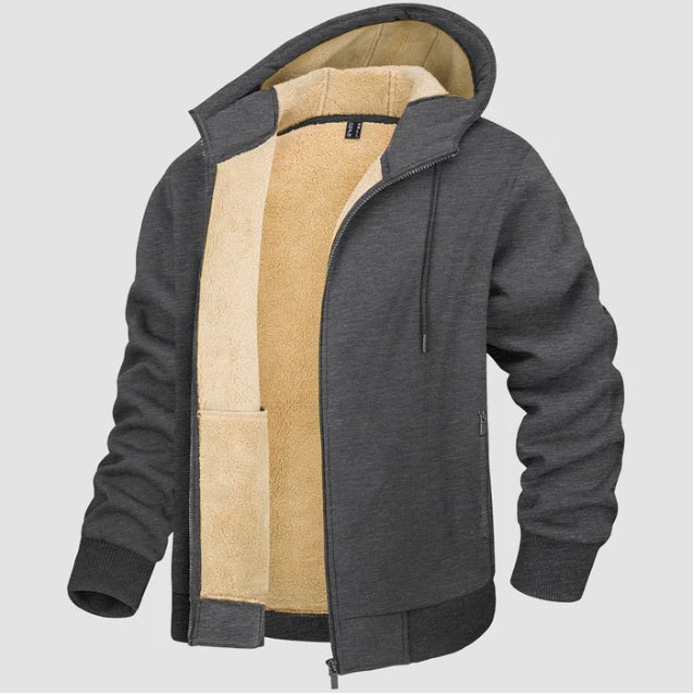 Giacca da uomo casual con cappuccio, foderata in pile per massimo calore. Felpa con zip, perfetta per autunno.
