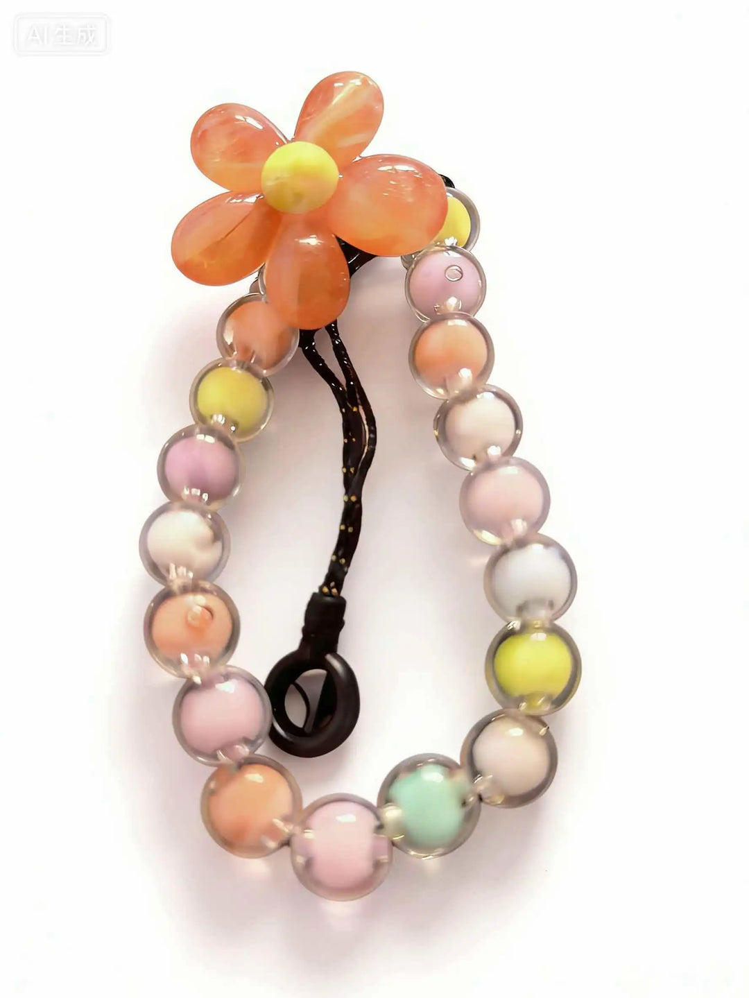 Laccetto telefono donna con perline a forma di macaron e fiore, per un look giocoso e spensierato.