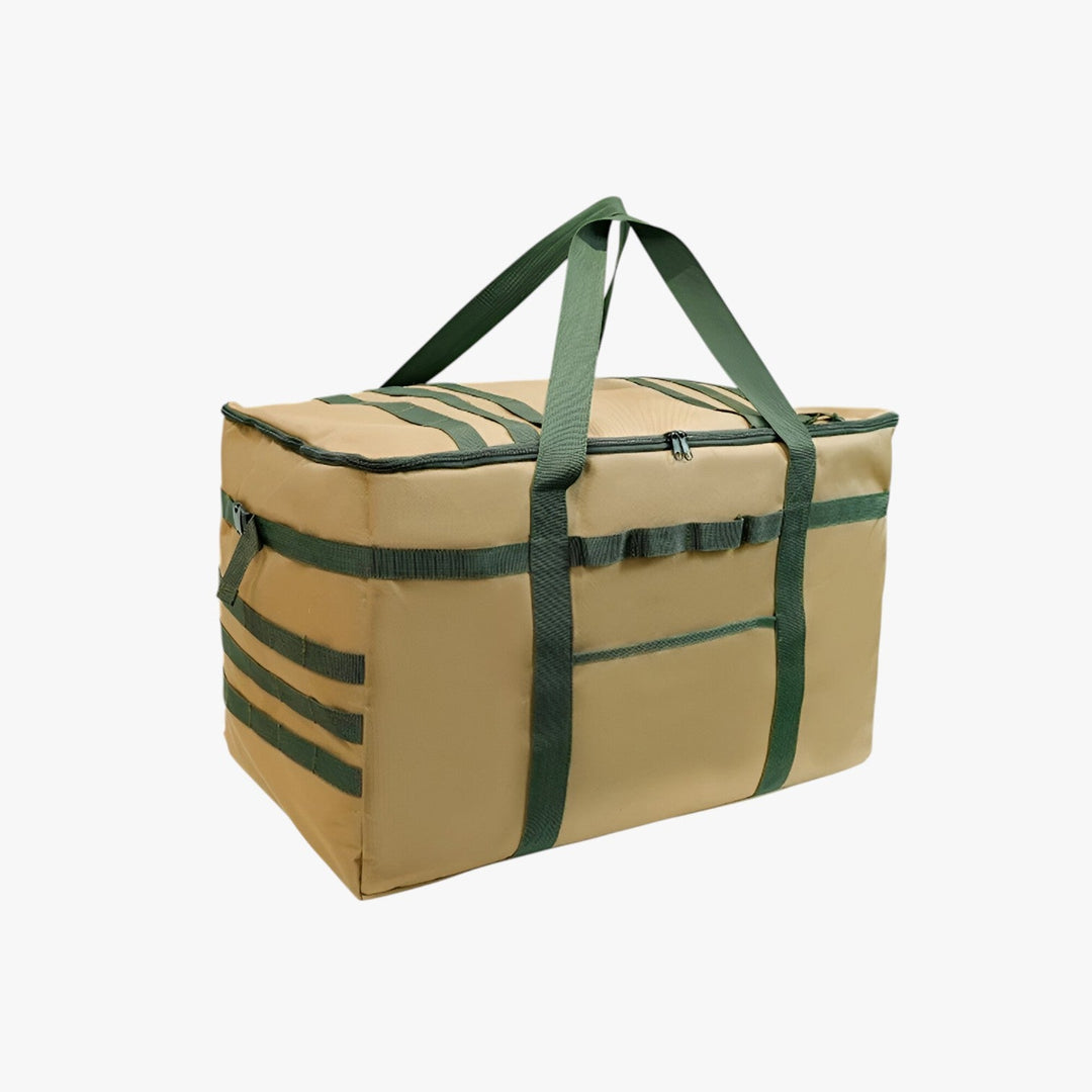 Borsa portaoggetti pieghevole unisex in tessuto beige, ideale per viaggio e uso quotidiano.
