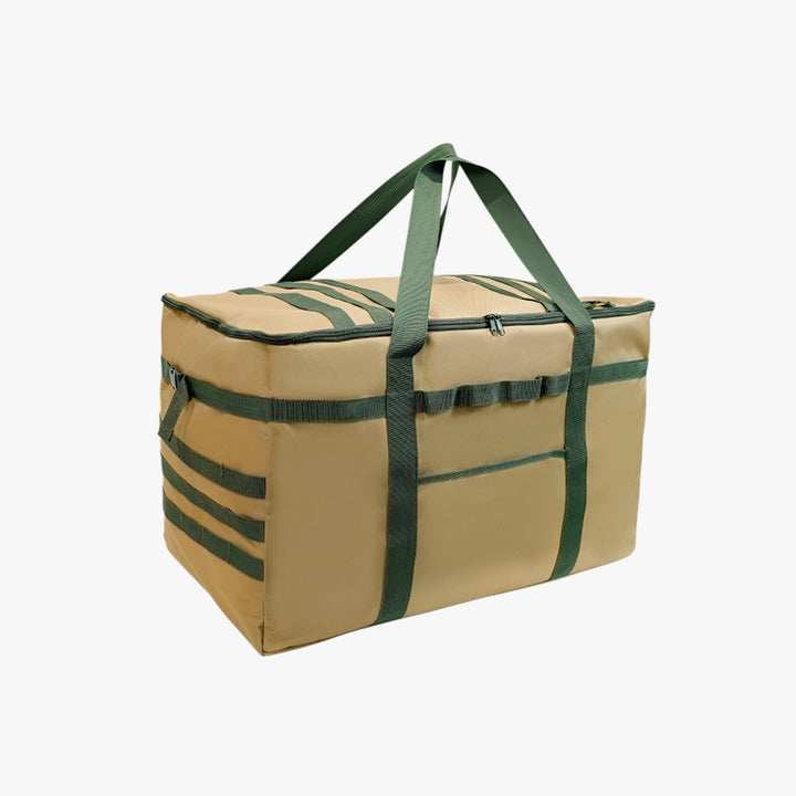 Borsa portaoggetti pieghevole unisex in tessuto beige, ideale per viaggio e uso quotidiano.