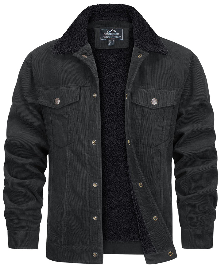 Outfit uomo con giacca invernale in velluto a coste, calda e confortevole. Stile casual e versatile per ogni occasione.