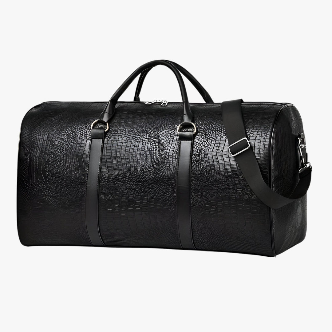Capiente borsone da viaggio unisex, nero, con tracolla regolabile e comodi manici. Perfetto per weekend fuori porta.