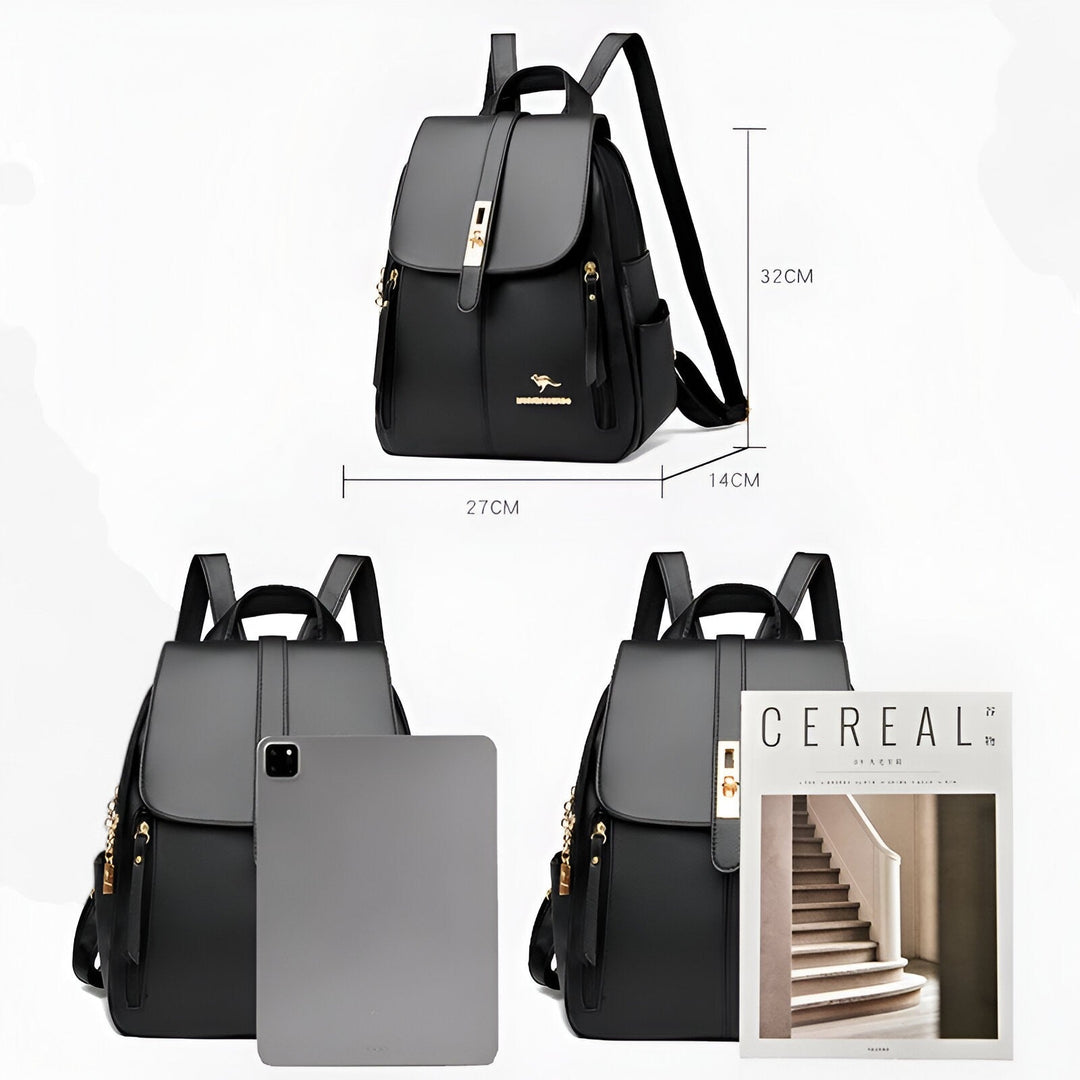Donna con zaino capiente multicolore, perfetto per il viaggio. Accessorio pratico e alla moda per il quotidiano.