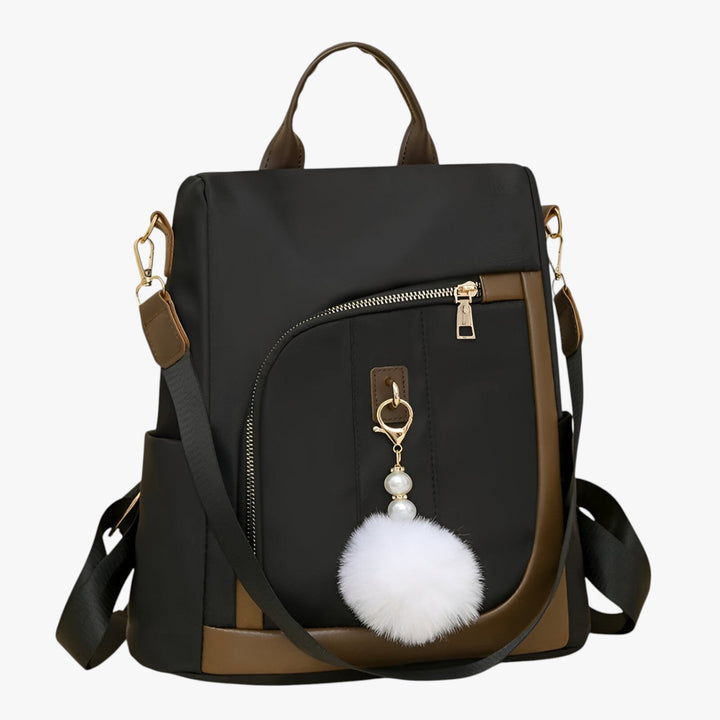 Moderno zaino donna stile borsa a zaino, accessorio moda chic in tonalità caffè, con dettagli trendy.