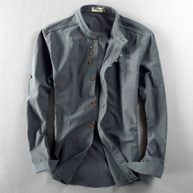Camicia uomo casual a maniche lunghe con colletto alla coreana, stile versatile per primavera ed estate.