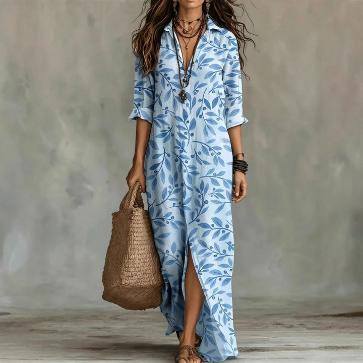 Vestito estivo da donna leggero, modello chemisier, con vivace stampa botanica, ideale per la moda casual.
