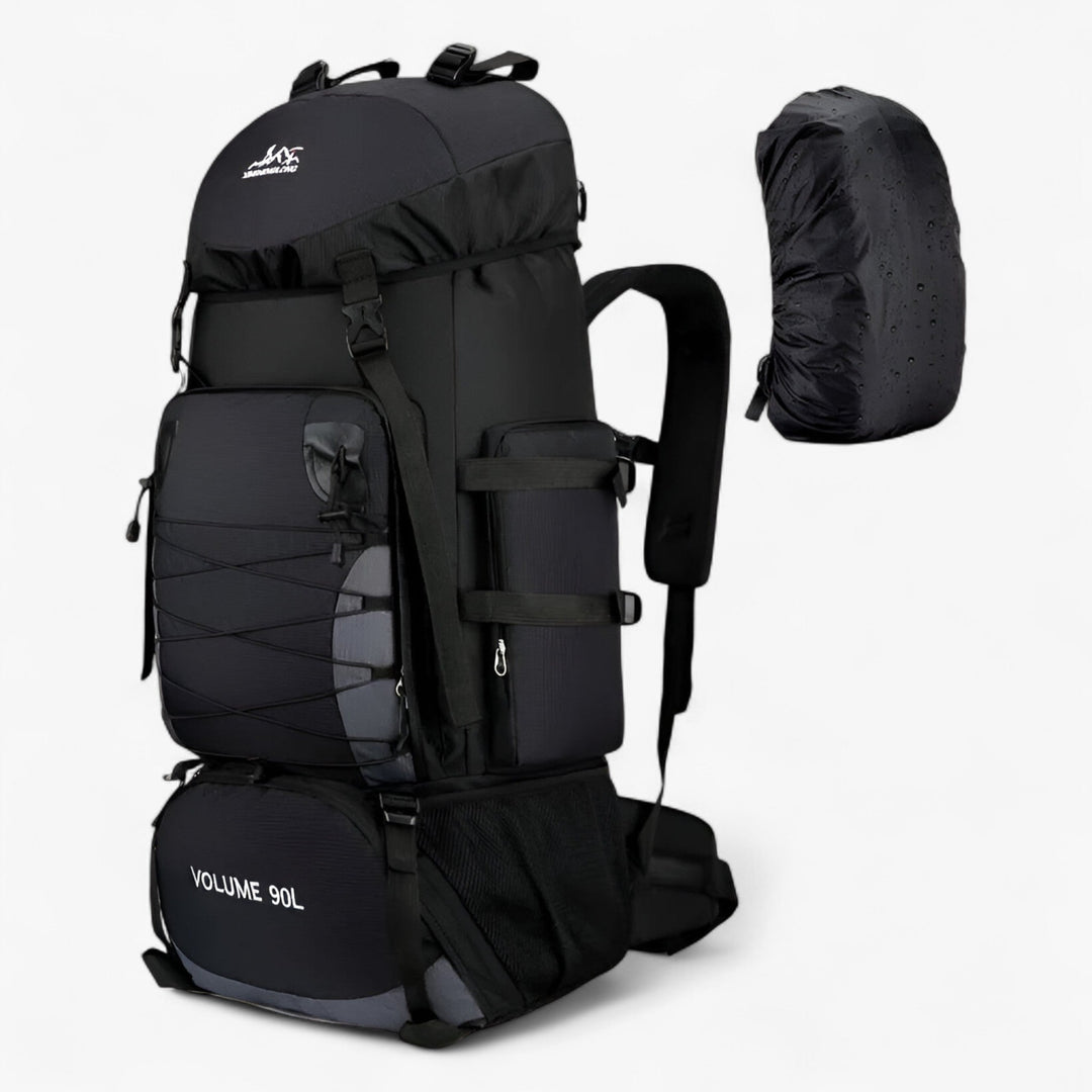Dettaglio dello zaino da viaggio 90L, mostra cinghie di compressione per stabilità e comfort durante l'uso.