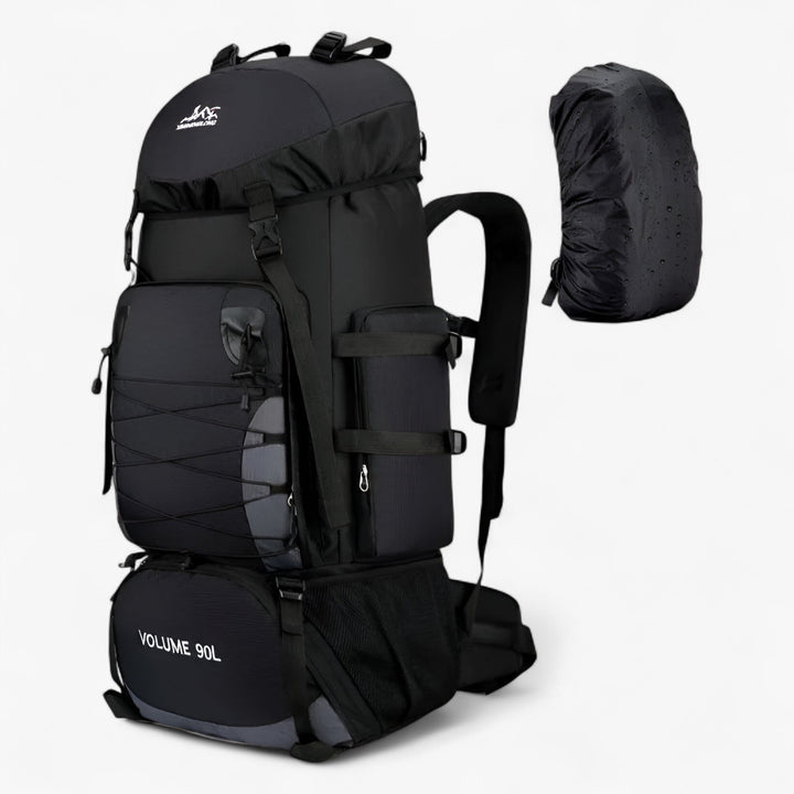 Dettaglio dello zaino da viaggio 90L, mostra cinghie di compressione per stabilità e comfort durante l'uso.