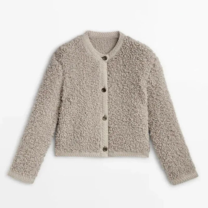 Giacca corta donna teddy khaki con bottoni, calda, strato leggero e confortevole per stile casual.