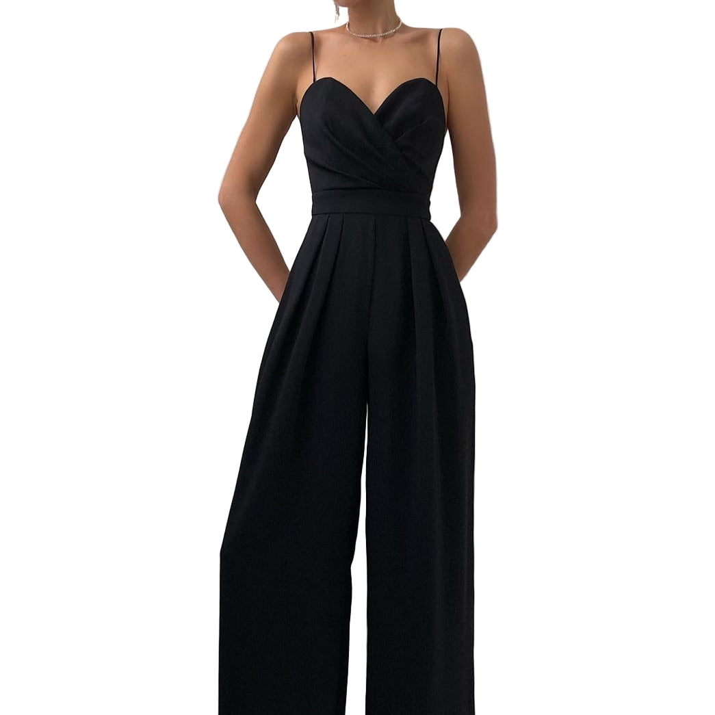 Tuta intera donna casual chic estiva con spalline sottili e scollo a V, perfetta per un look elegante e confortevole.