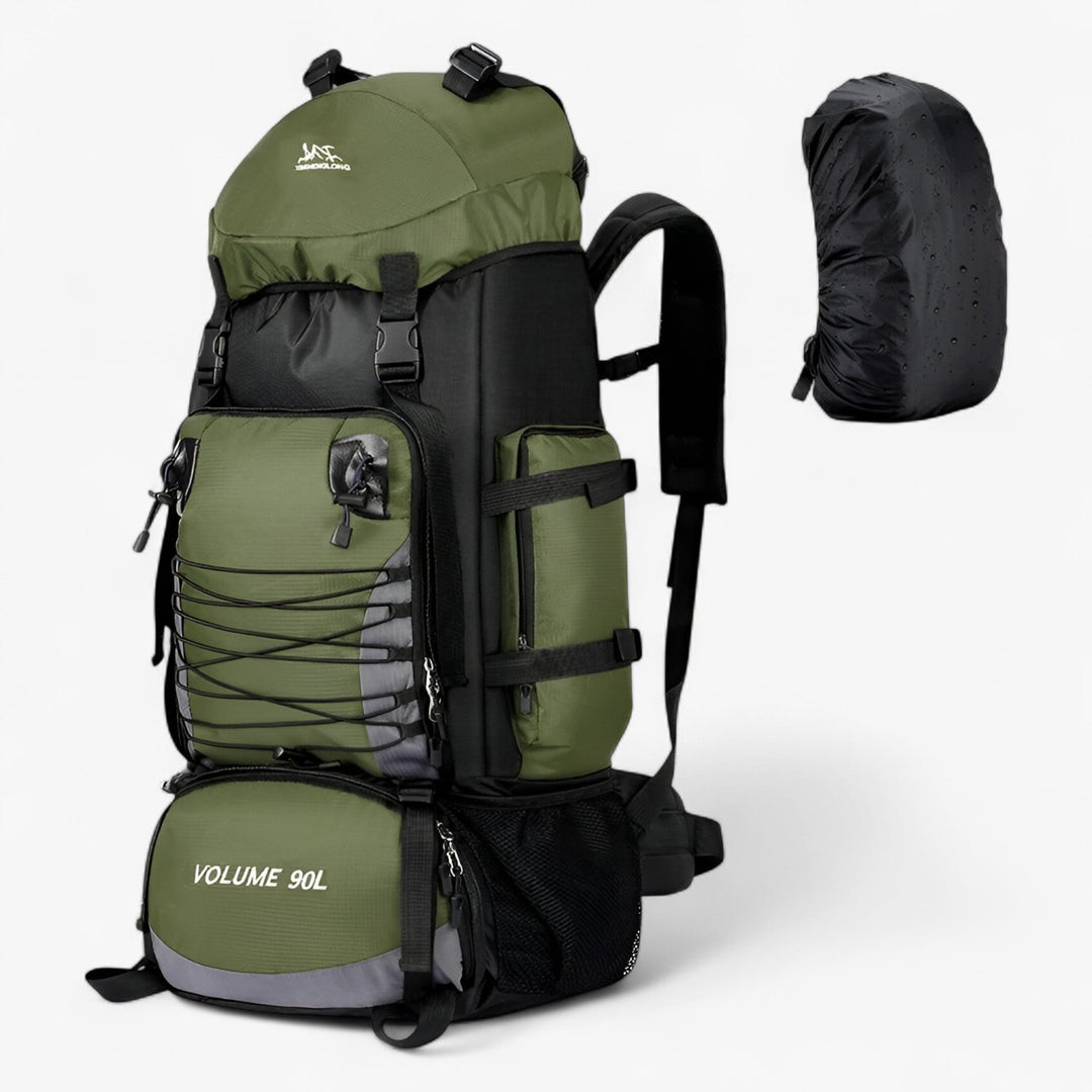 Immagine frontale di zaino da viaggio unisex 90L, perfetto come bagaglio resistente per ogni avventura.