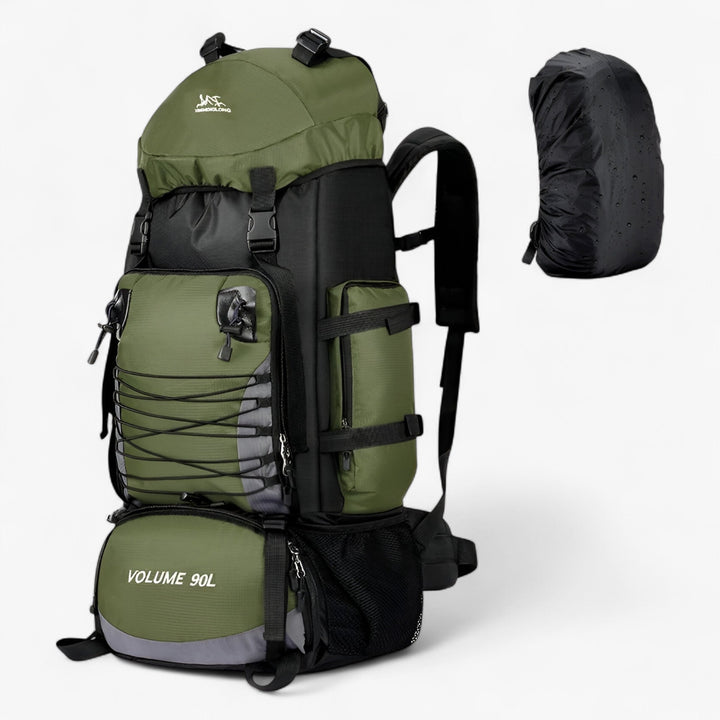 Immagine frontale di zaino da viaggio unisex 90L, perfetto come bagaglio resistente per ogni avventura.