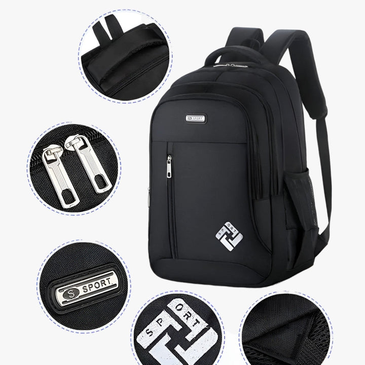 Interno zaino uomo ben organizzato con scomparti dedicati per laptop 15.6", documenti e accessori, porta USB.