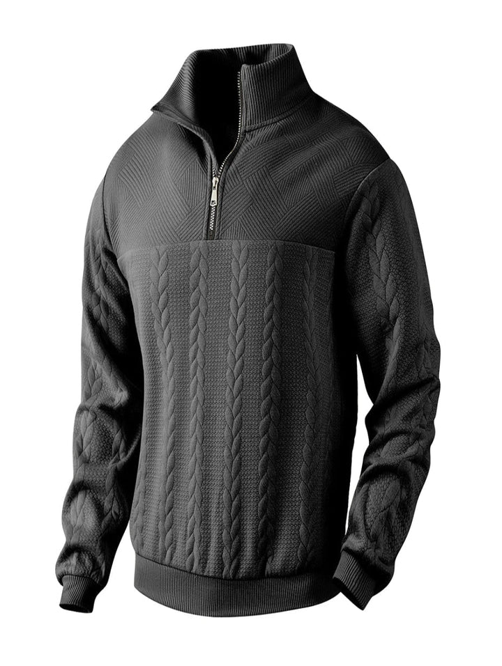 Maglione uomo casual chic mezza zip, collo alto a treccia, versatile per autunno e inverno.