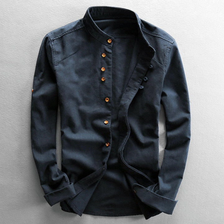 Camicia uomo leggera e confortevole con vestibilità rilassata, maniche lunghe e colletto coreana. Ideale primavera.