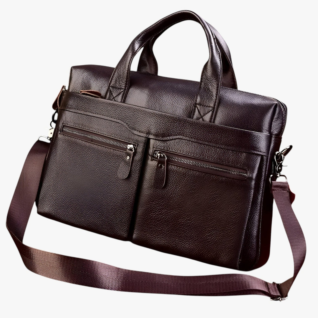 Elegante borsa da ufficio uomo marrone multiscomparto, robusta per laptop e documenti.