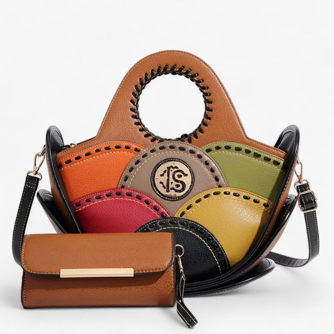 Borsa quotidiana donna, Mosaico multicolore, con manici e tracolla, design vivace e spazioso.