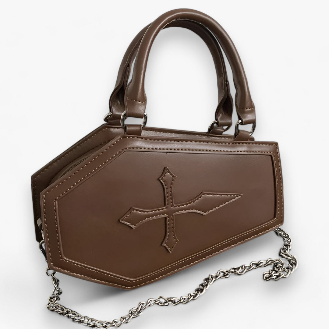 Elegante borsa a mano donna, sintetica, con accento di catena geometrica lucida. Accessorio moda essenziale.