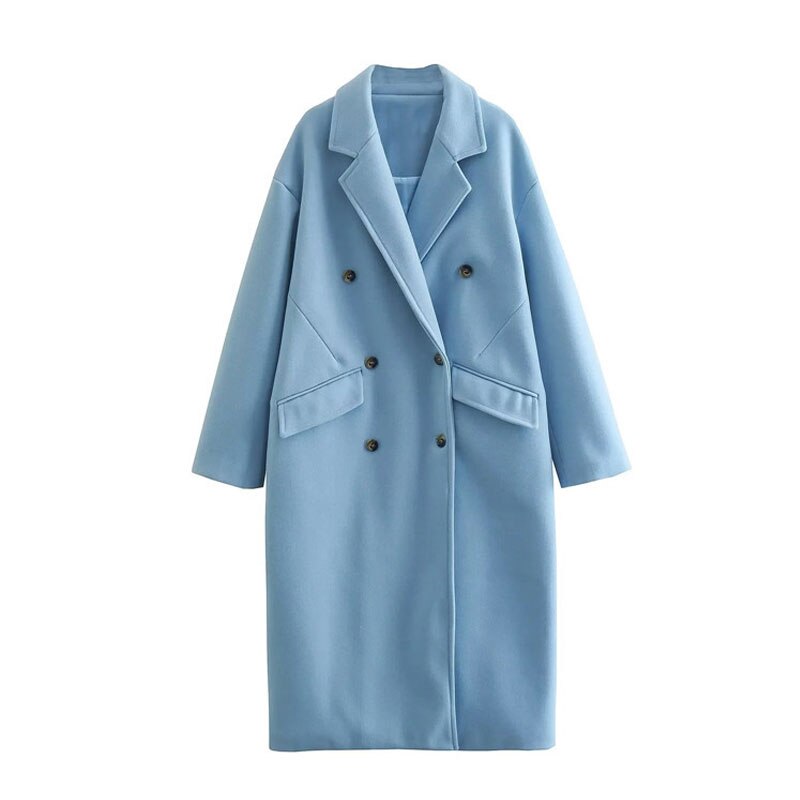 Abbigliamento donna: cappotto lungo doppiopetto, stile elegante per outfit casual.