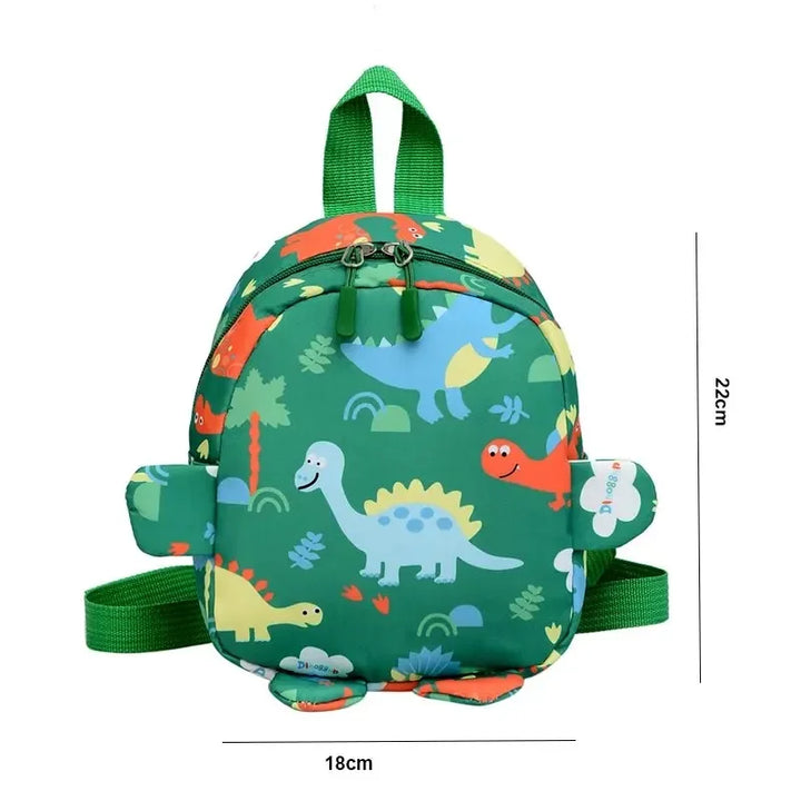 Zainetto rosso con dinosauri, comodo e leggero per bambini prescolari all'asilo.