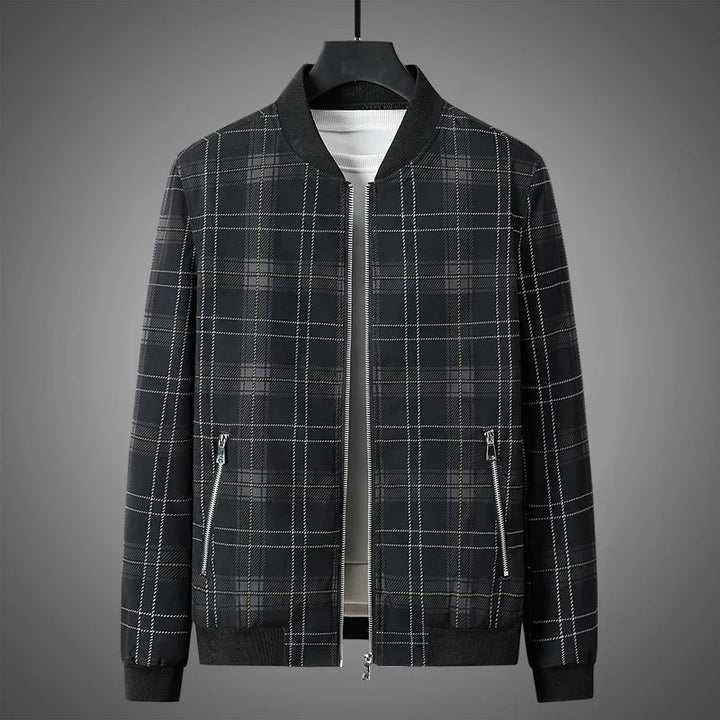 Giacca bomber uomo a quadri con zip frontale, ideale per uno stile autunnale casual.