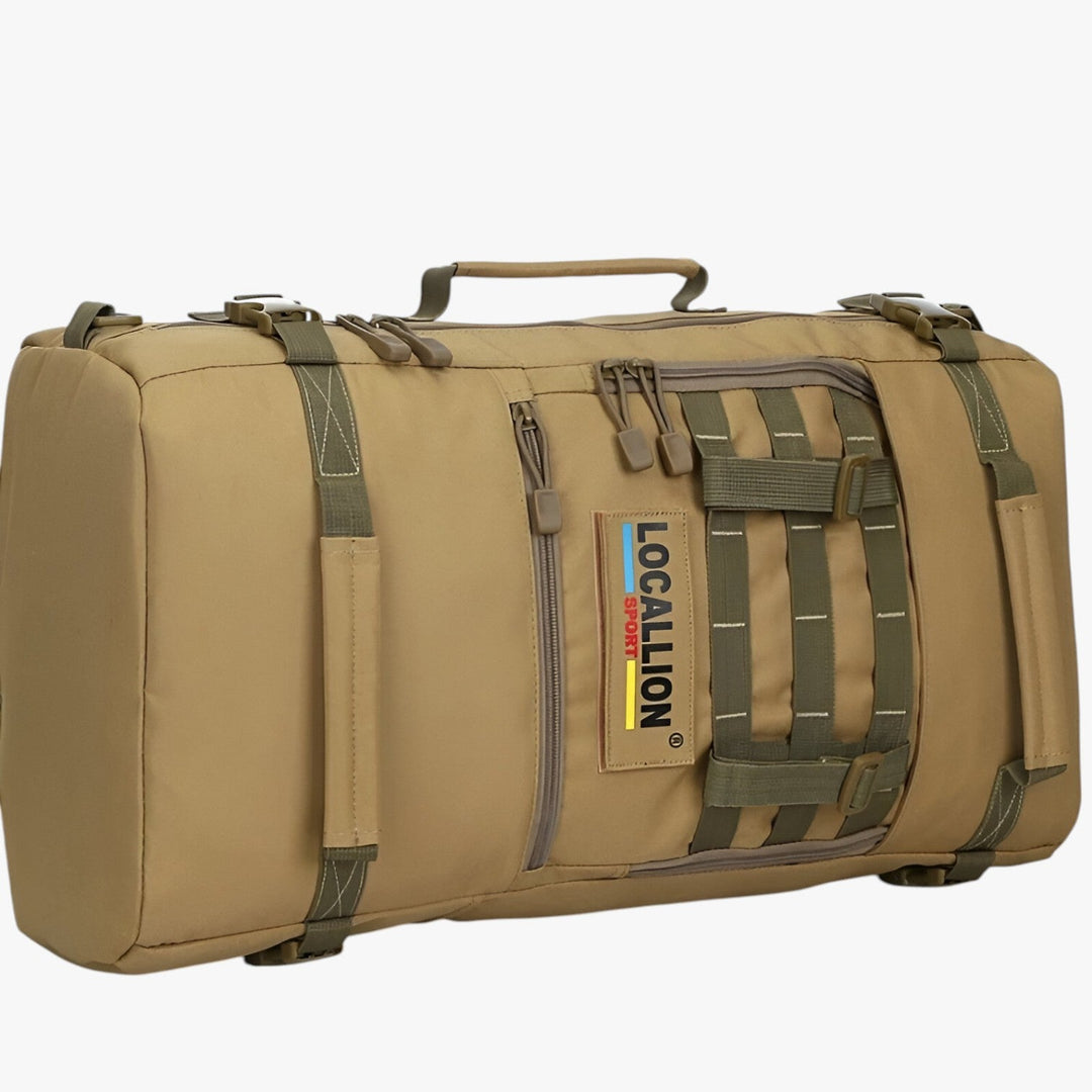 Zaino outdoor uomo 50L kaki, vista frontale con tasche multiple e cinghie di compressione.