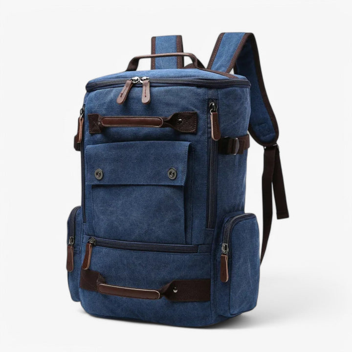 Zaino da viaggio uomo blu, multitasche, scomparto imbottito per laptop e comfort.