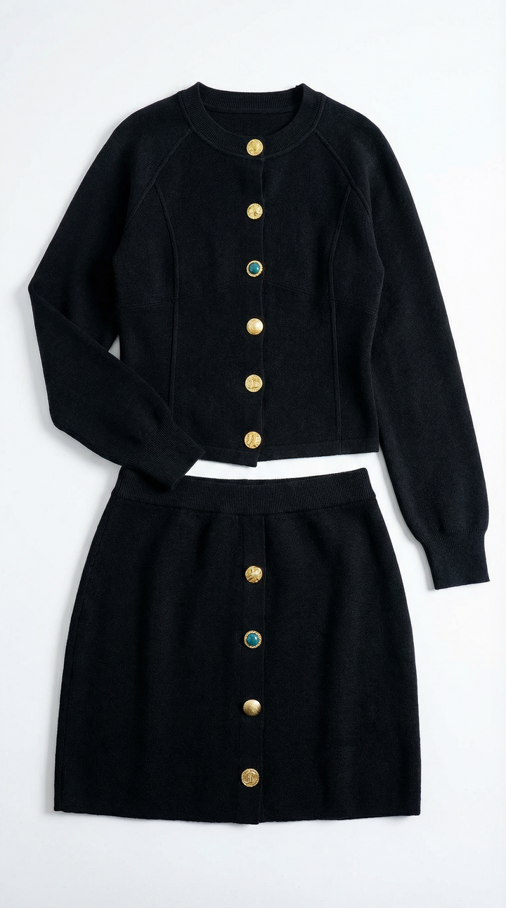 Elegante set cardigan donna con bottoni gioiello brillanti. Completo perfetto per la moda autunnale e invernale.