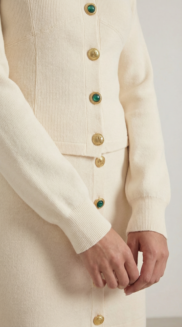 Cardigan donna coordinato con bottoni gioiello, completo sofisticato per autunno/inverno. Eleganza casual chic.