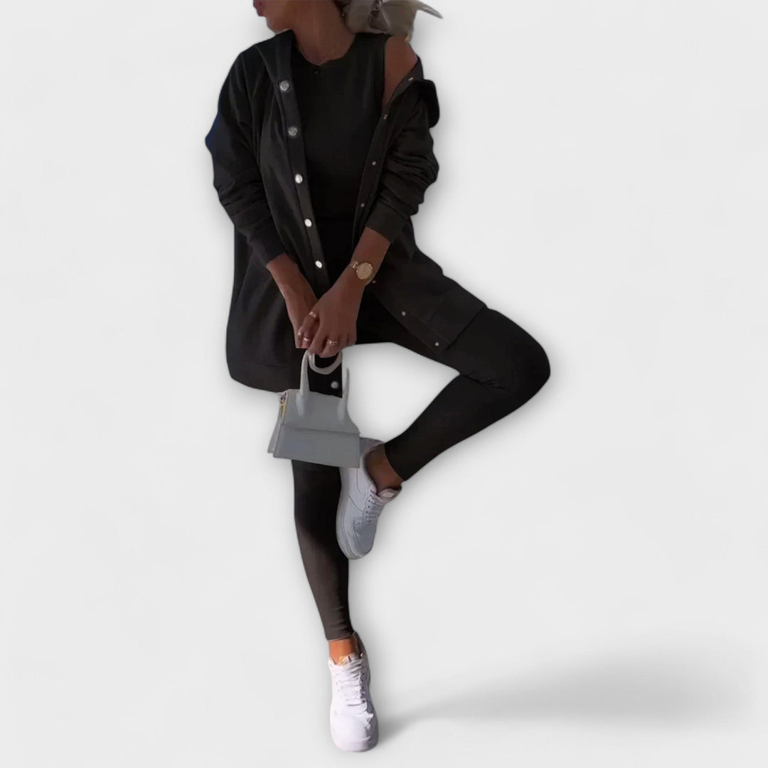 Set donna versatile 3 pezzi: cardigan, top e leggings. Completo coordinato per primavera/autunno, casual ed elegante.