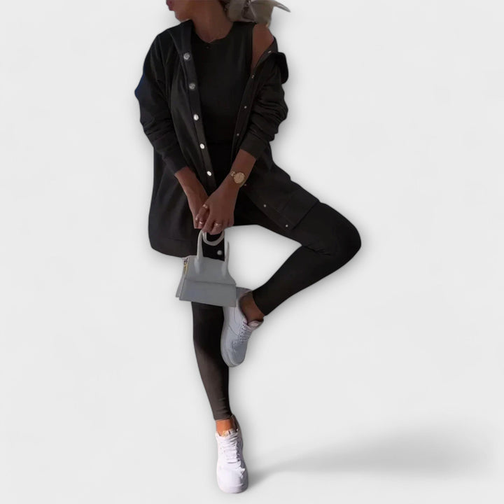 Set donna versatile 3 pezzi: cardigan, top e leggings. Completo coordinato per primavera/autunno, casual ed elegante.