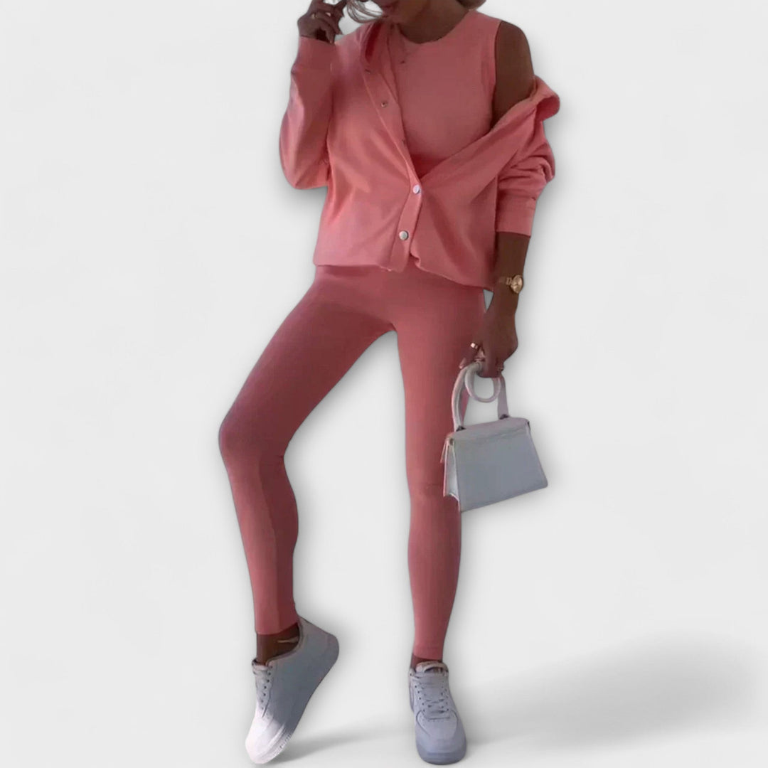 Coordinato donna elegante: cardigan, top e leggings abbinati. Set completo versatile per outfit primaverili e autunnali.