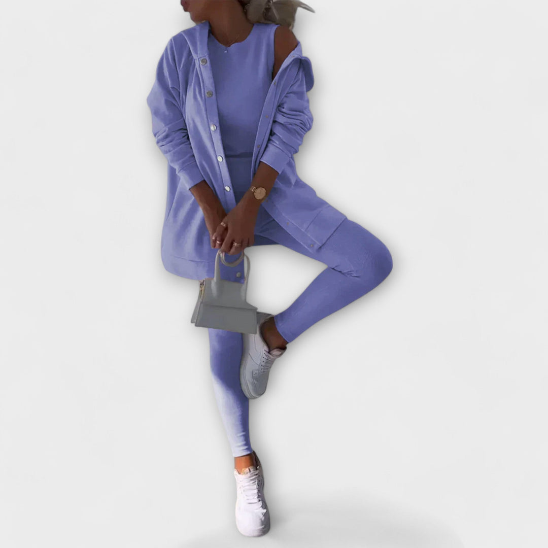 Completo donna casual-elegante 3 pezzi: cardigan, top e leggings. Perfetto per autunno/primavera, stile versatile.