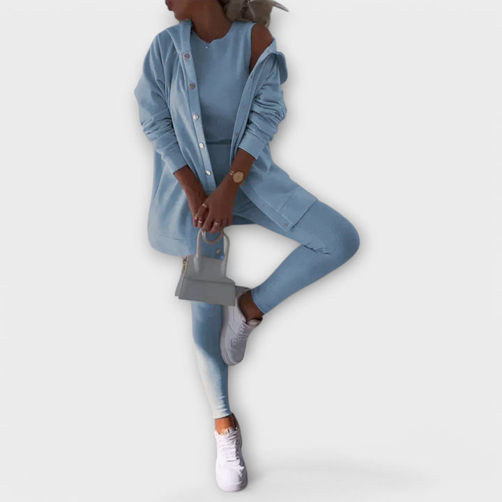 Set 3 pezzi donna versatile: cardigan, top e leggings coordinati. Perfetto per look casual o elegante in primavera/autunno.