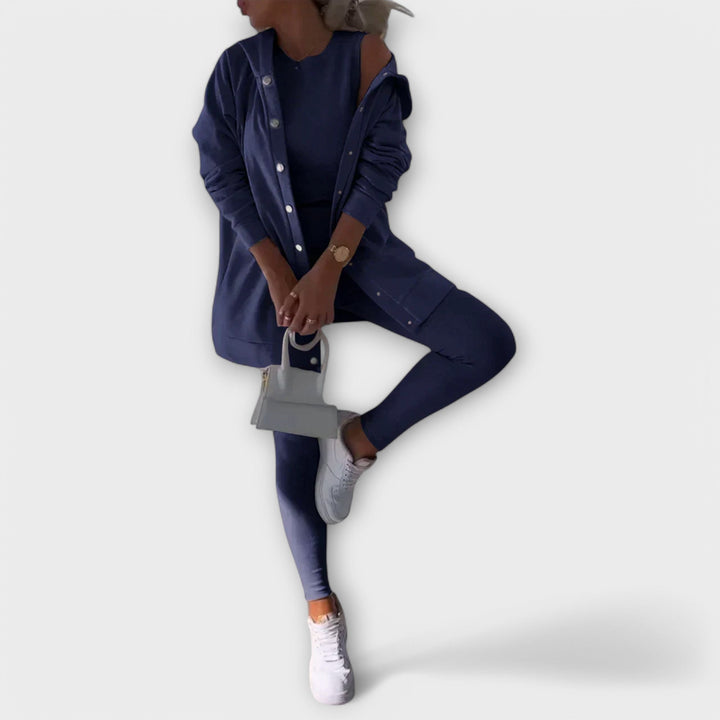 Outfit donna 3 pezzi versatile: cardigan, top e leggings. Coordinato elegante/casual per la primavera e l'autunno.