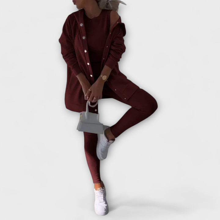 Set donna 3 pezzi comodo e chic: cardigan, top e leggings coordinati. Ideale per outfit autunno/primavera, versatile.