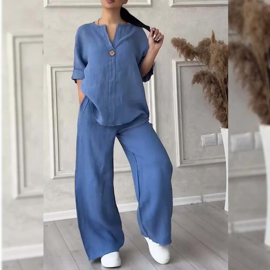 Completo estivo donna casual chic con giacca e pantaloni wide-leg, versatile per giorno e sera, moda primavera.