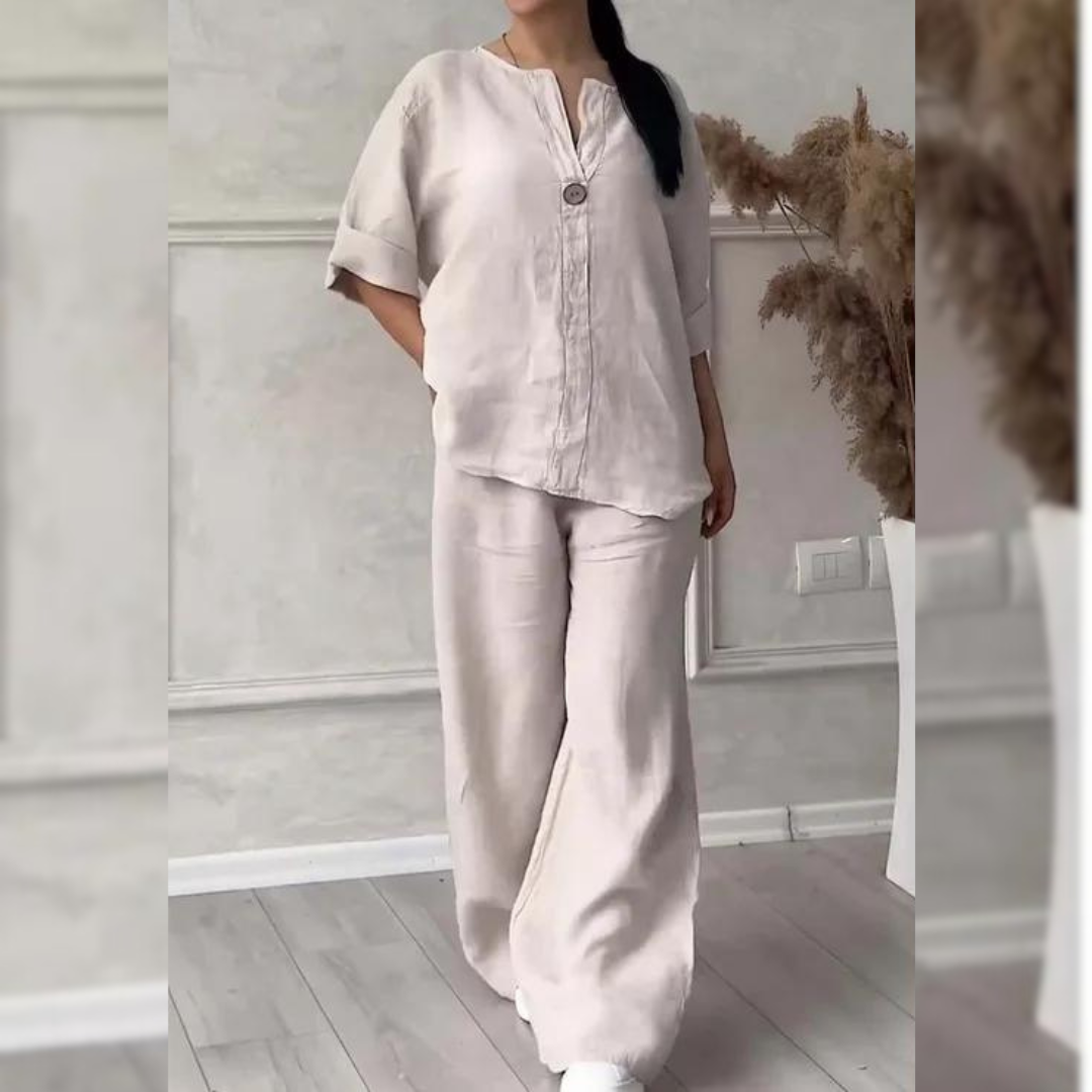 Set donna completo estivo: giacca e pantaloni wide-leg coordinati per un look elegante e di tendenza.