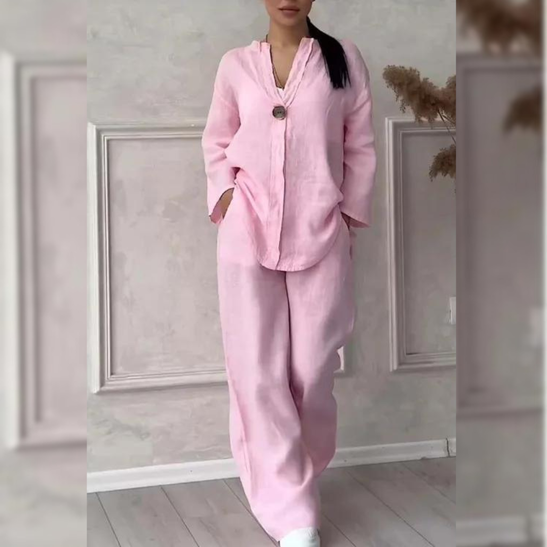 Set estivo donna elegante: giacca coordinata e pantaloni wide-leg, perfetto per un look casual chic primavera estate.