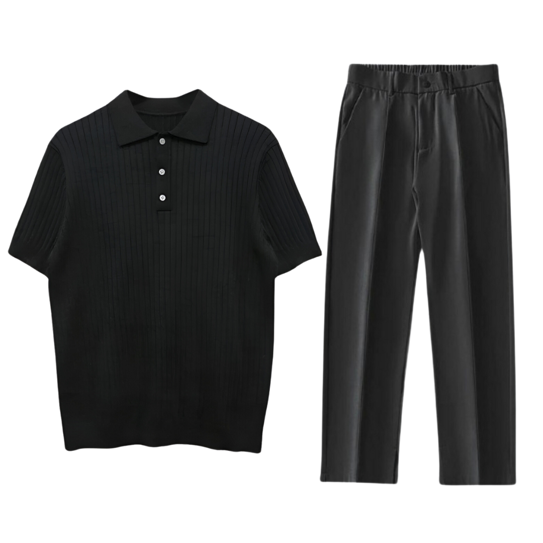 Set uomo nero coordinato: polo in cotone e pantaloni rilassati. Look casual estivo, moda uomo.