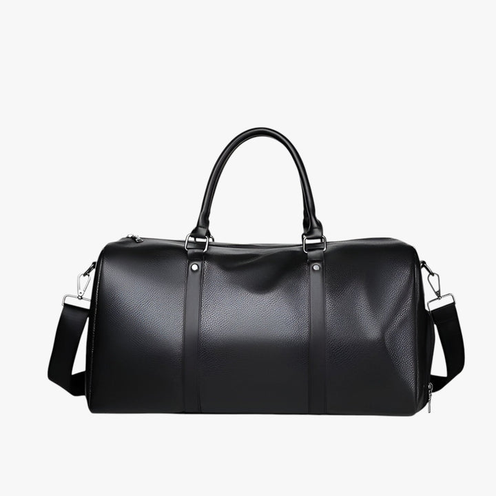 Elegante borsone viaggio uomo nero, borsa weekend con tracolla e scomparti interni.