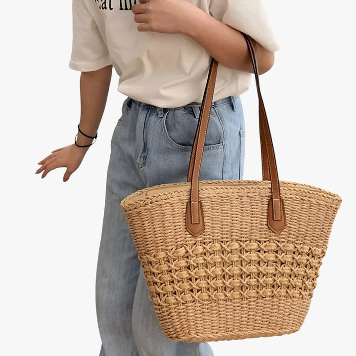 Ampia e spaziosa borsa tote da donna in paglia, perfetta per l'estate, stile artigianale.