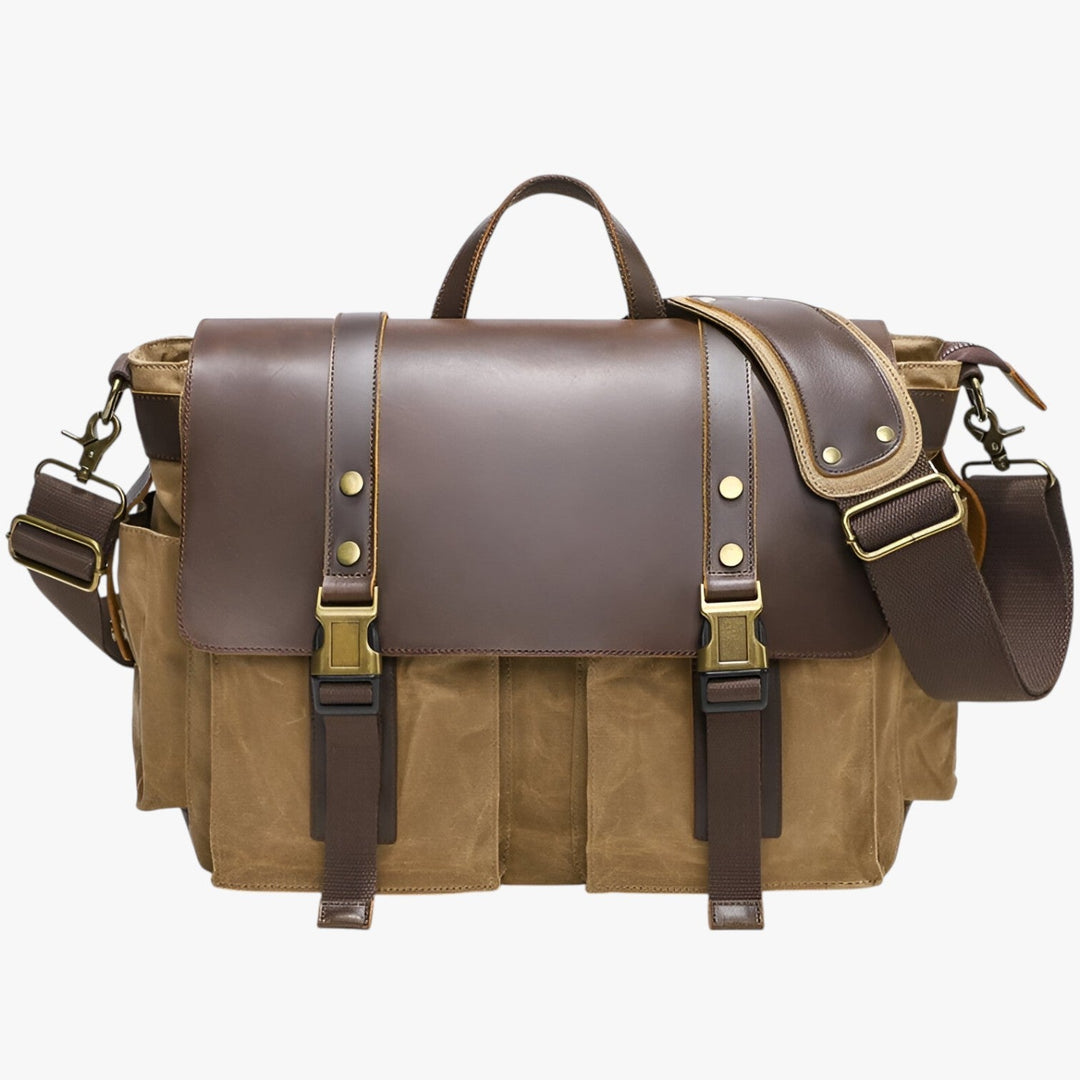 Borsa a tracolla gialla multiuso in stile vintage, perfetta per laptop e accessori, comoda per l'ufficio.