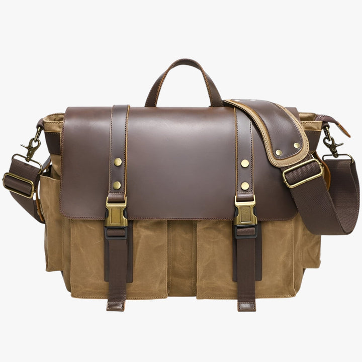 Borsa a tracolla gialla multiuso in stile vintage, perfetta per laptop e accessori, comoda per l'ufficio.
