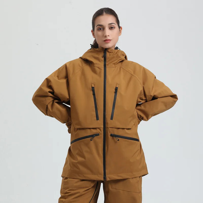 Dettaglio zip idrorepellente su giacca snowboard unisex, protezione extra dal freddo.